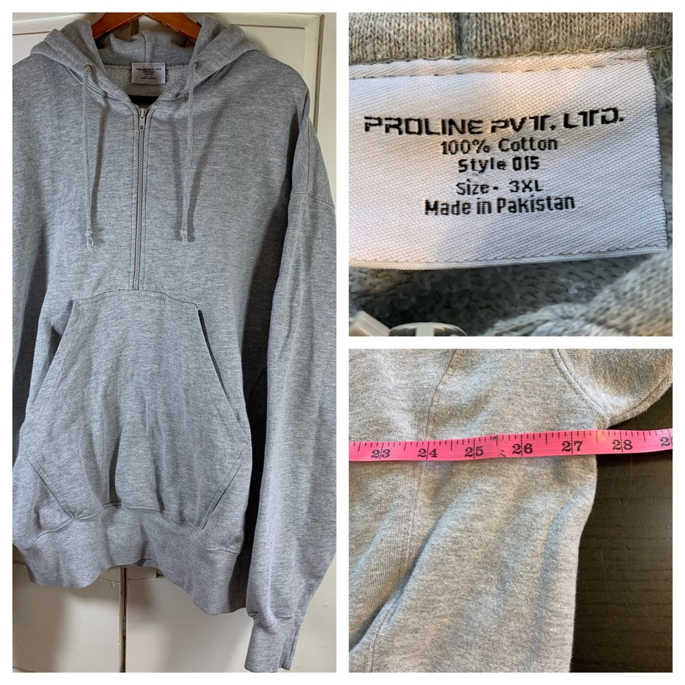 Proline Pvt Ltd Mens 3xl Grey 100% Cotton Quarter Zip Hooded Sweatshirt